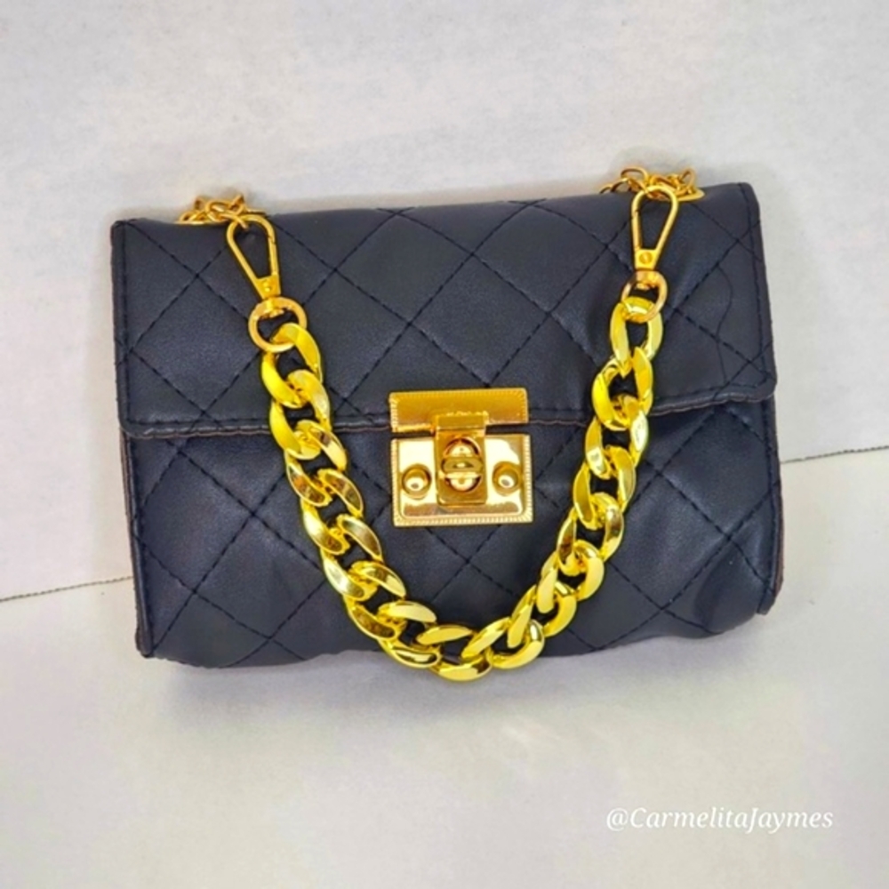 Black & Gold 👜 Mini Handbag Quilted Lock Crossbody Purse Gold Multi-Chain